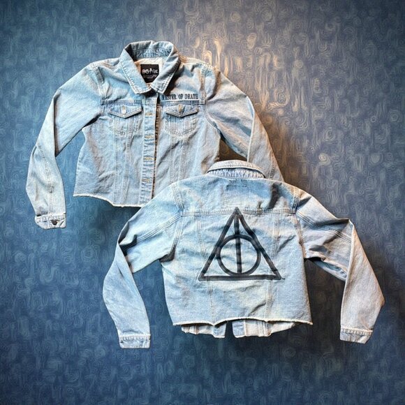 Harry Potter Master Of Death Denim Jacket Cropped Womens M Deathly Hallows Light - Picture 1 of 9